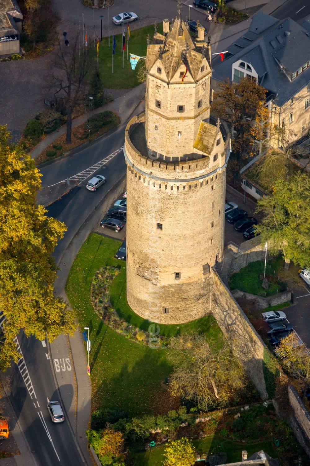 Andernach from above - Tower building Runder Turm the rest of the former historic city walls in Andernach in the state Rhineland-Palatinate