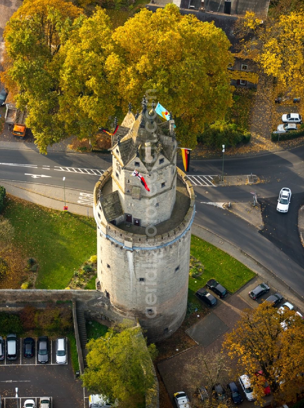 Andernach from above - Tower building Runder Turm the rest of the former historic city walls in Andernach in the state Rhineland-Palatinate