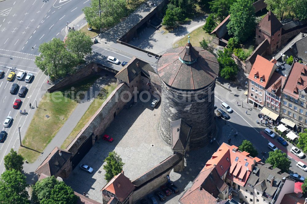 Aerial photograph Nürnberg - Tower building Spittlertorturm the rest of the former historic city walls in Nuremberg in the state Bavaria, Germany