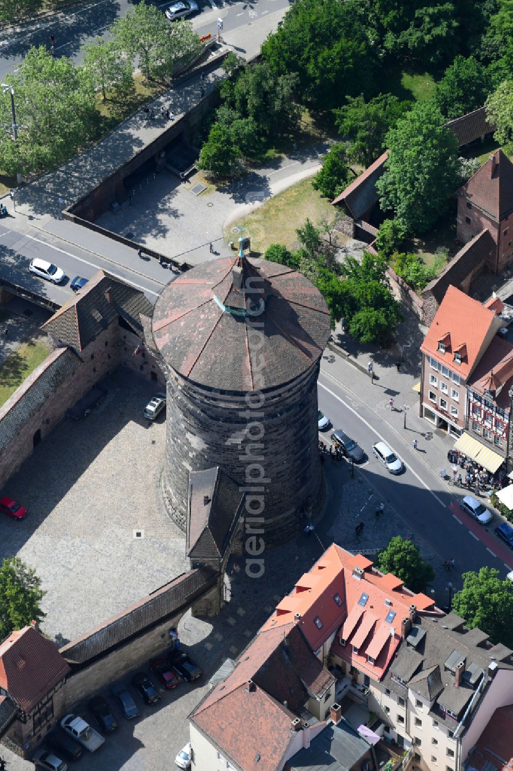 Nürnberg from above - Tower building Spittlertorturm the rest of the former historic city walls in Nuremberg in the state Bavaria, Germany