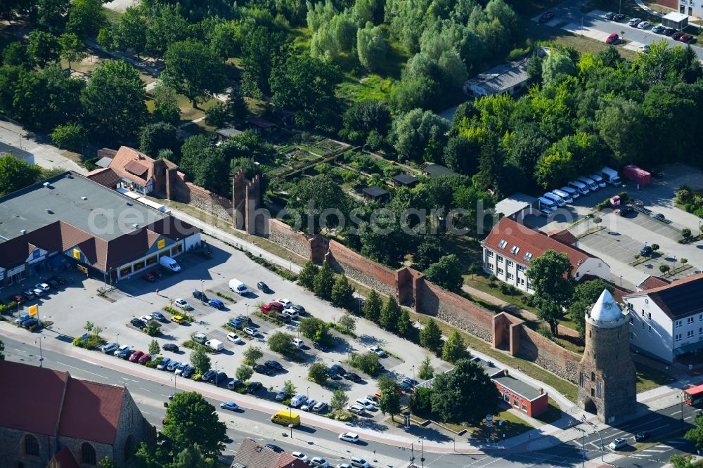 Prenzlau from above - Tower building Stettiner Tor on Stettiner Strasse the rest of the former historic city walls in Prenzlau in the state Brandenburg, Germany