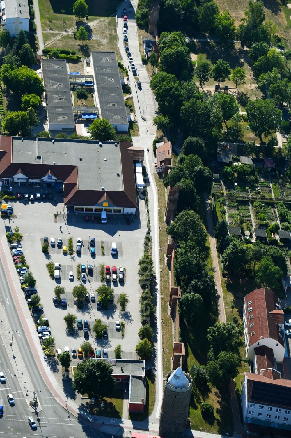 Prenzlau from above - Tower building Stettiner Tor on Stettiner Strasse the rest of the former historic city walls in Prenzlau in the state Brandenburg, Germany