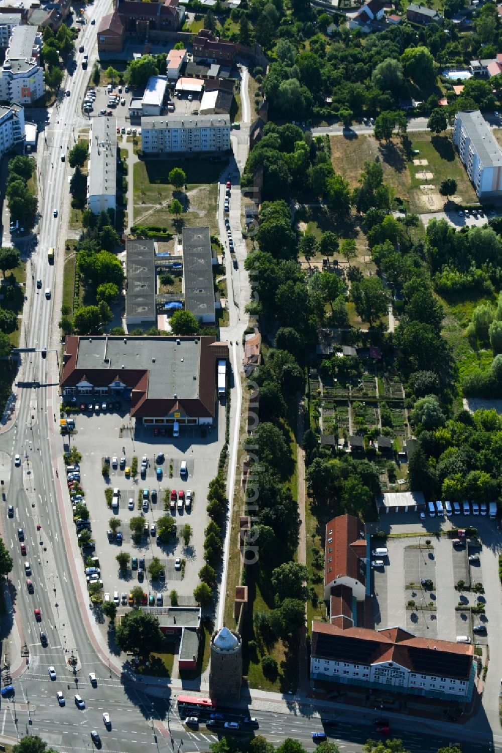 Aerial image Prenzlau - Tower building Stettiner Tor on Stettiner Strasse the rest of the former historic city walls in Prenzlau in the state Brandenburg, Germany