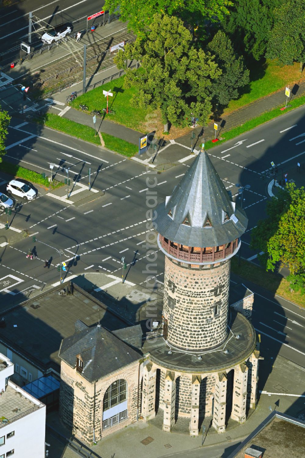 Köln from above - Tower building Ulrepforte the rest of the former historic city walls on street Sachsenring in the district Altstadt in Cologne in the state North Rhine-Westphalia, Germany