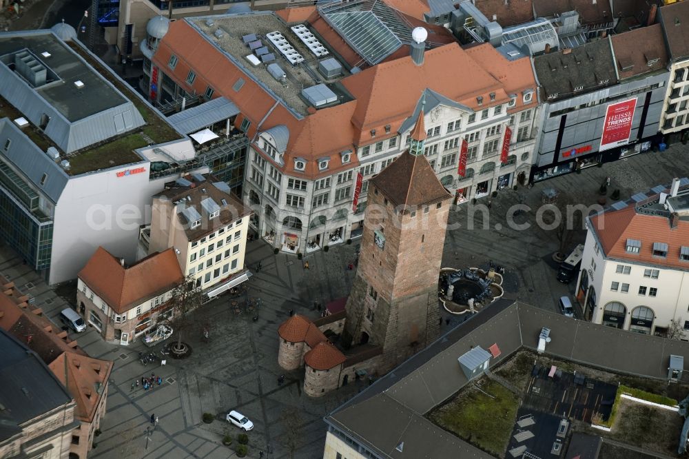 Nürnberg from the bird's eye view: Tower building Weisser Turm on Ludwigsplatz the rest of the former historic city walls in Nuremberg in the state Bavaria