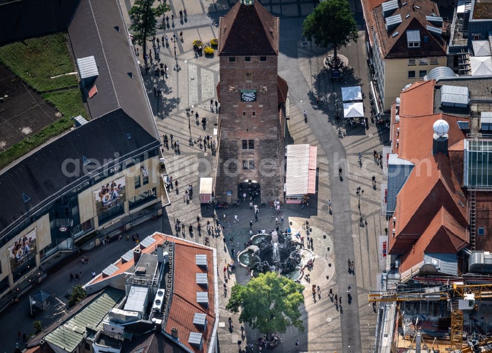 Nürnberg from the bird's eye view: Tower building Weisser Turm on Ludwigsplatz the rest of the former historic city walls in Nuremberg in the state Bavaria