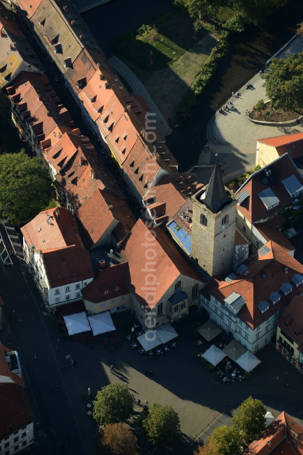 Erfurt from above - Tower building on Kraemerbruecke and Wenigemarkt - the rest of the former historic city walls in Erfurt in the state Thuringia