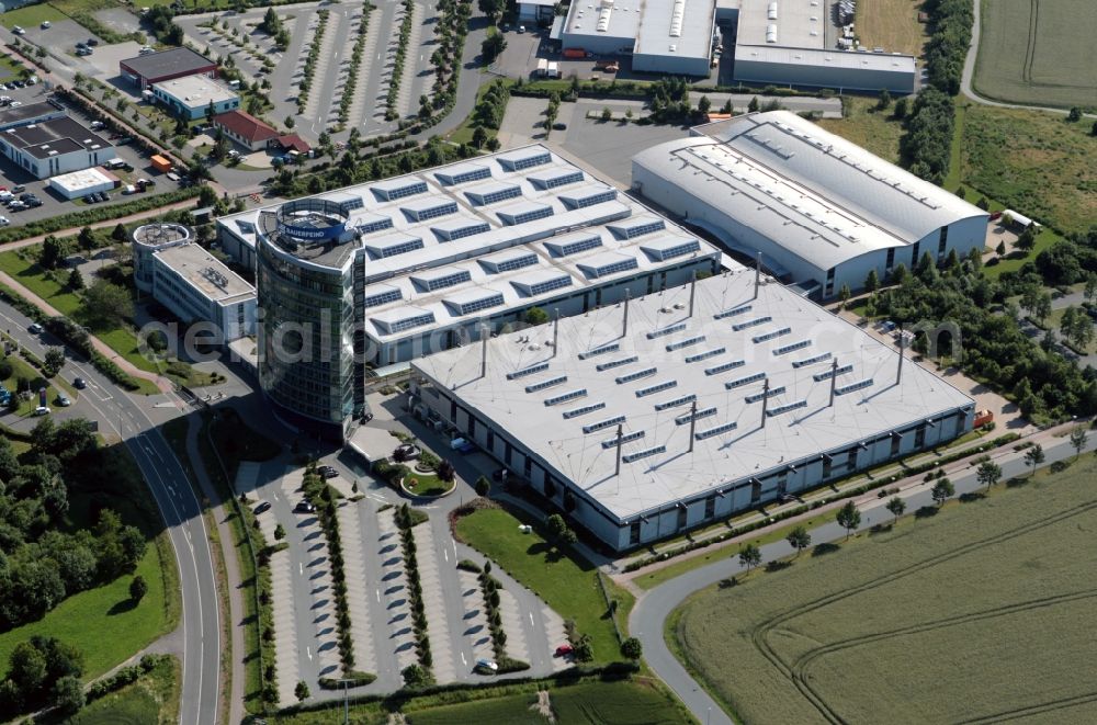 Zeulenroda-Triebes from the bird's eye view: View at the Bauerfeind - tower and the office building of the Bauerfeind AG near Zeulenroda-Triebes in the state of Thuringia