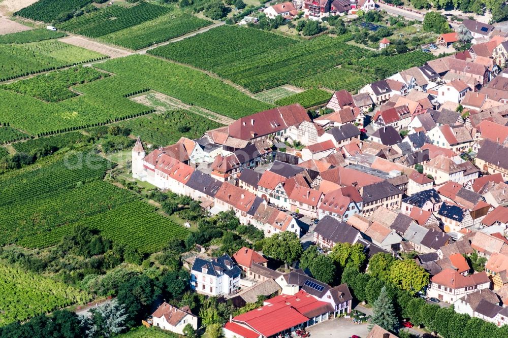 Saint-Hippolyte from above - Tower building of the former historic city walls in Saint-Hippolyte in Grand Est, France