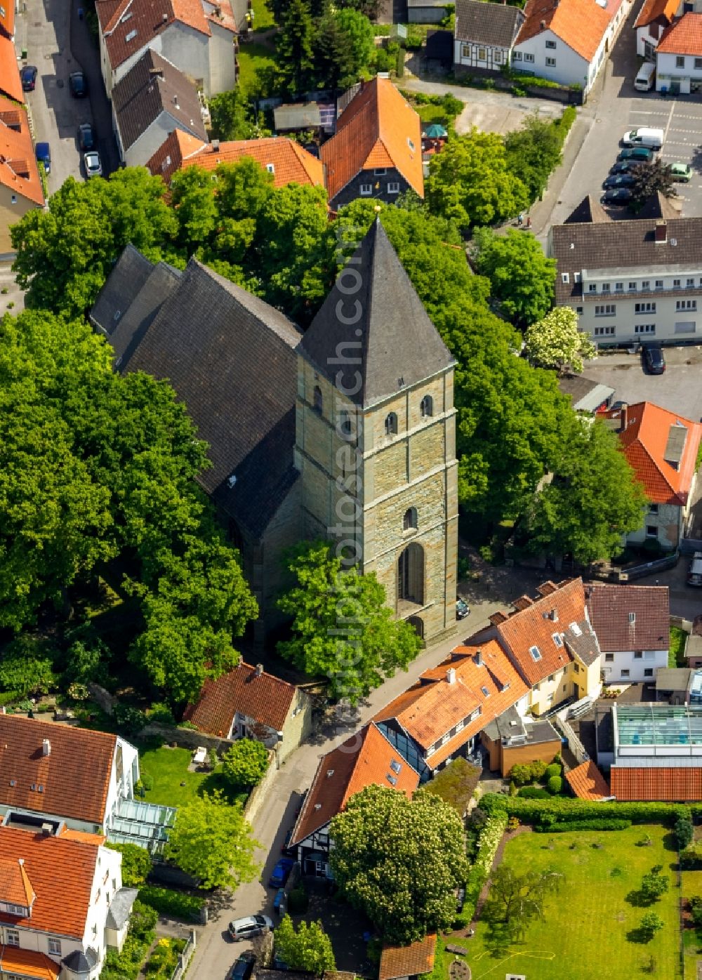 Aerial image Soest - Tower of the Church of St. Pauli Church in Paulinstraße in Soest in North Rhine-Westphalia