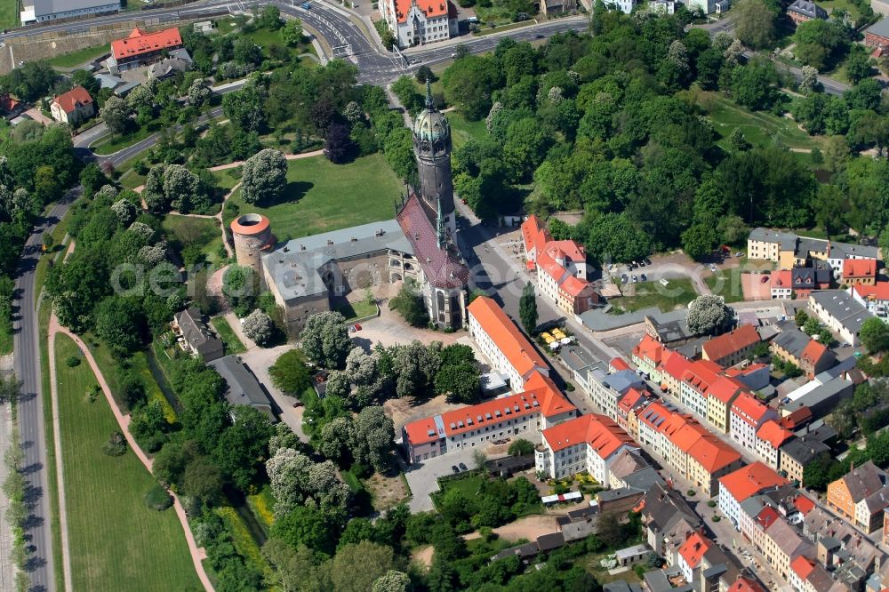 Lutherstadt Wittenberg from the bird's eye view: Castle church of Wittenberg with Gothic tower at the west end of the town is a UNESCO World Heritage Site