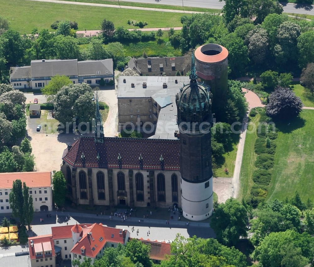 Lutherstadt Wittenberg from the bird's eye view: Castle church of Wittenberg with Gothic tower at the west end of the town is a UNESCO World Heritage Site