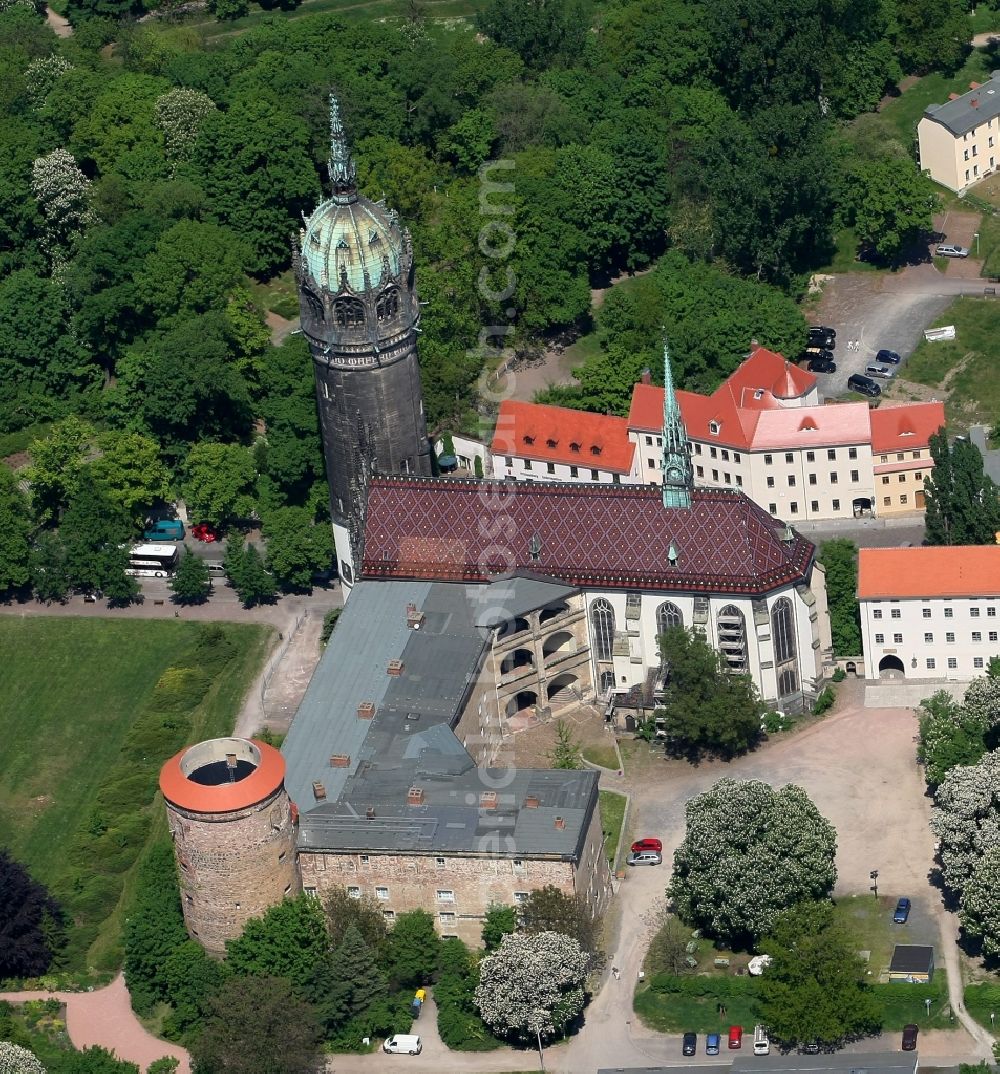 Aerial image Lutherstadt Wittenberg - Castle church of Wittenberg with Gothic tower at the west end of the town is a UNESCO World Heritage Site