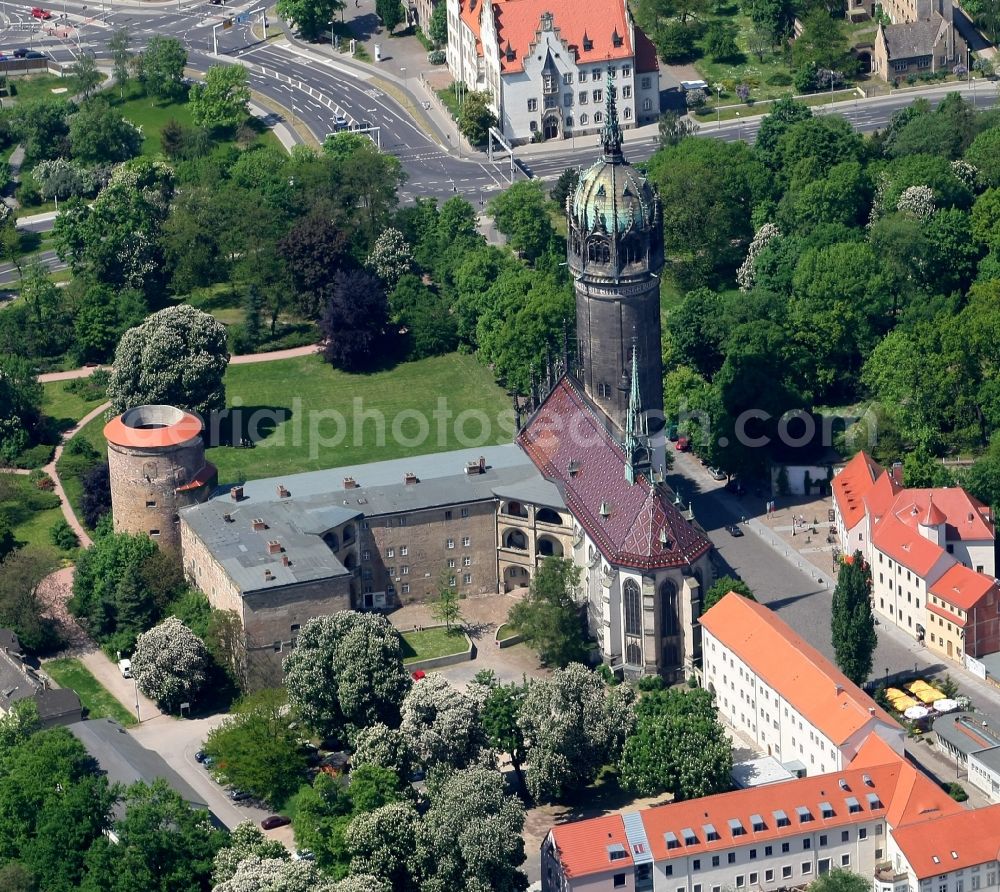 Lutherstadt Wittenberg from above - Castle church of Wittenberg with Gothic tower at the west end of the town is a UNESCO World Heritage Site