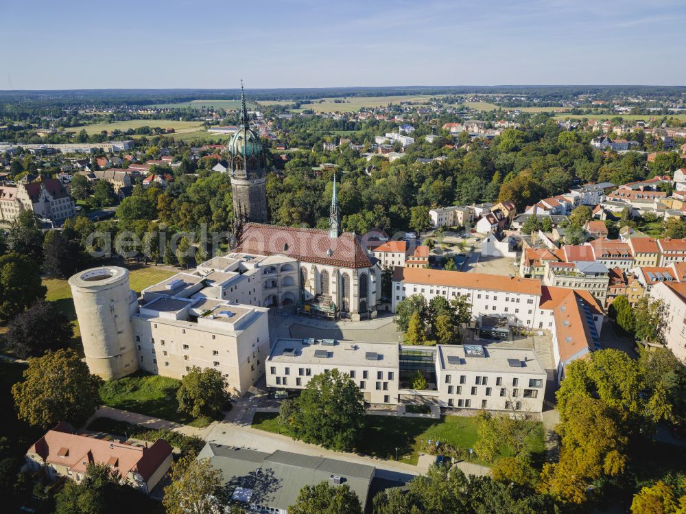 Aerial photograph Lutherstadt Wittenberg - Tower and church buildings of the Castle Church in Wittenberg in Saxony-Anhalt