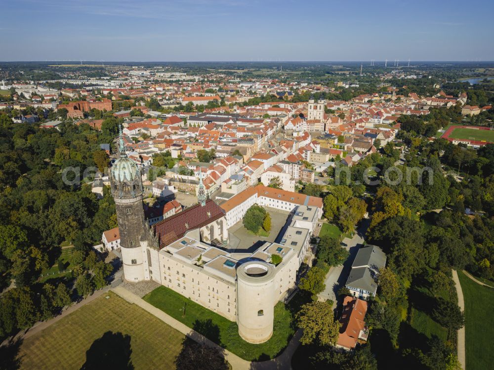 Lutherstadt Wittenberg from above - Tower and church buildings of the Castle Church in Wittenberg in Saxony-Anhalt