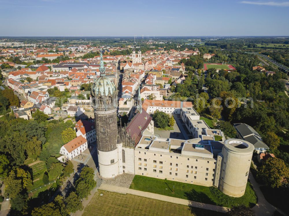 Lutherstadt Wittenberg from the bird's eye view: Tower and church buildings of the Castle Church in Wittenberg in Saxony-Anhalt