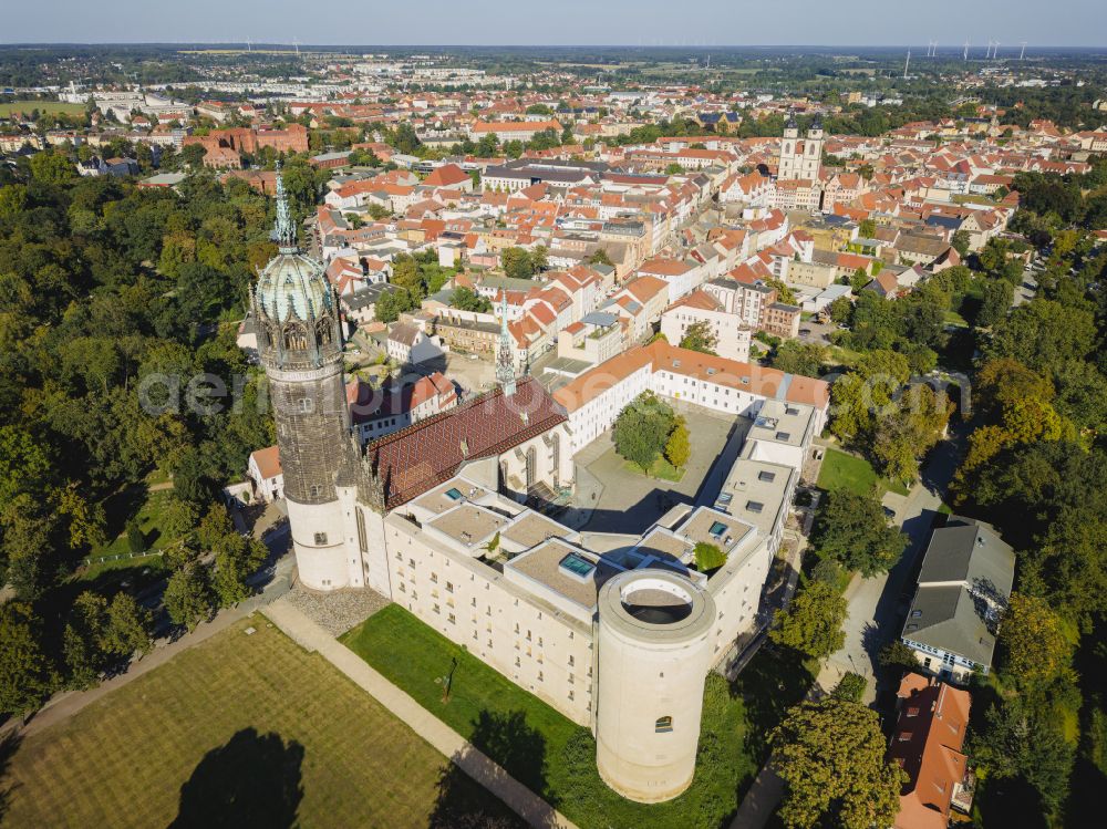 Aerial image Lutherstadt Wittenberg - Tower and church buildings of the Castle Church in Wittenberg in Saxony-Anhalt