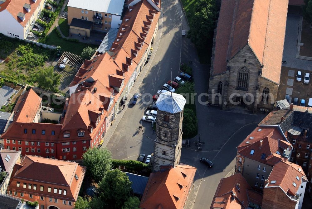 Aerial image Erfurt - Two monuments are facing at the Master Eckhart Street in the Old Town of Erfurt in Thuringia. From the former St. Paul's Church is the tower received its medieval base received a building in the style of early classicism. The tower is the opposite preacher church of which is seen in the image of the west pediment with the portal as a bell tower. The Gothic church preacher was the domain of the theologian and philosopher Meister Eckhart in the Middle Ages