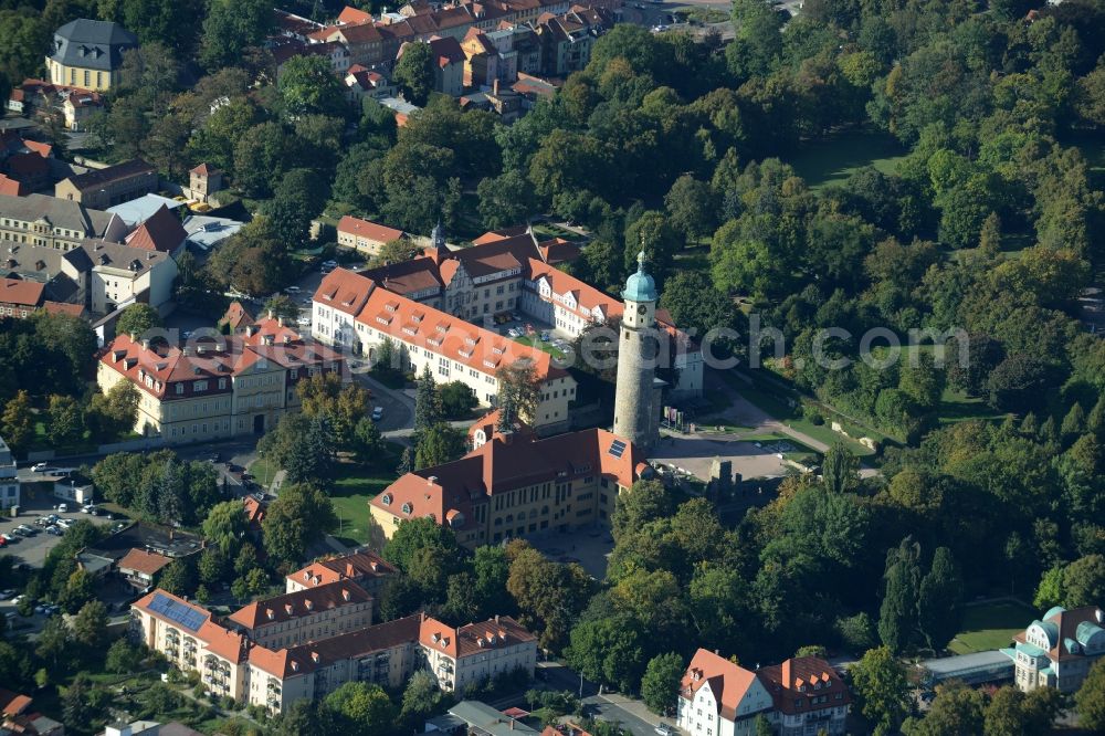 Aerial image Arnstadt - Tower and remains of the ruins of the palace grounds of the former castle Schlossruine Neideck in Arnstadt in the state Thuringia