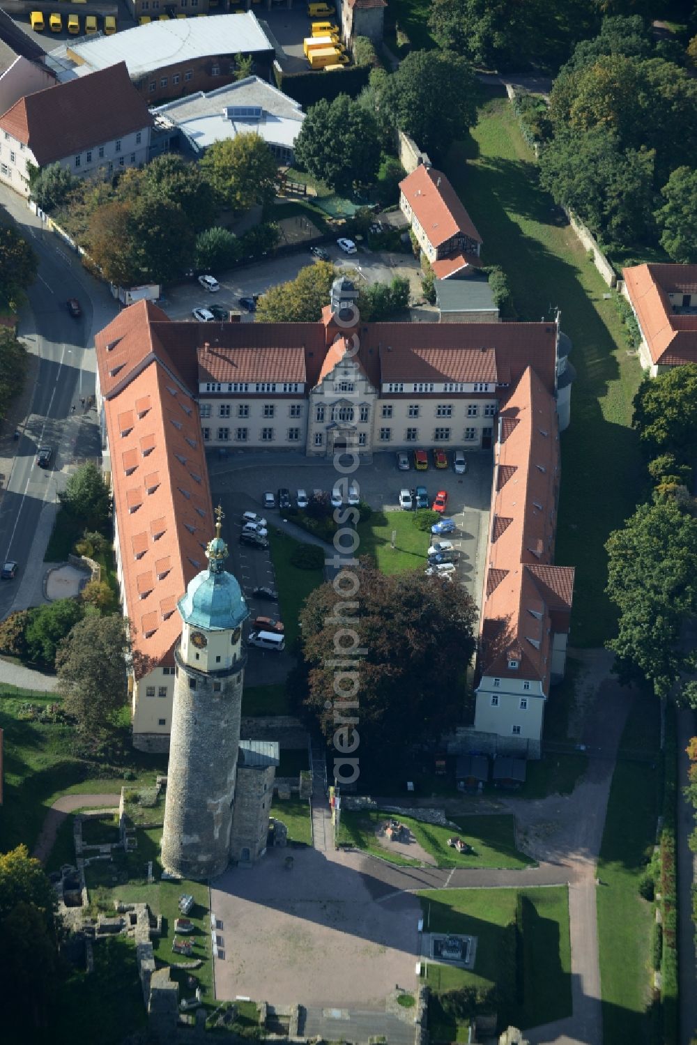 Arnstadt from above - Tower and remains of the ruins of the palace grounds of the former castle Schlossruine Neideck in Arnstadt in the state Thuringia