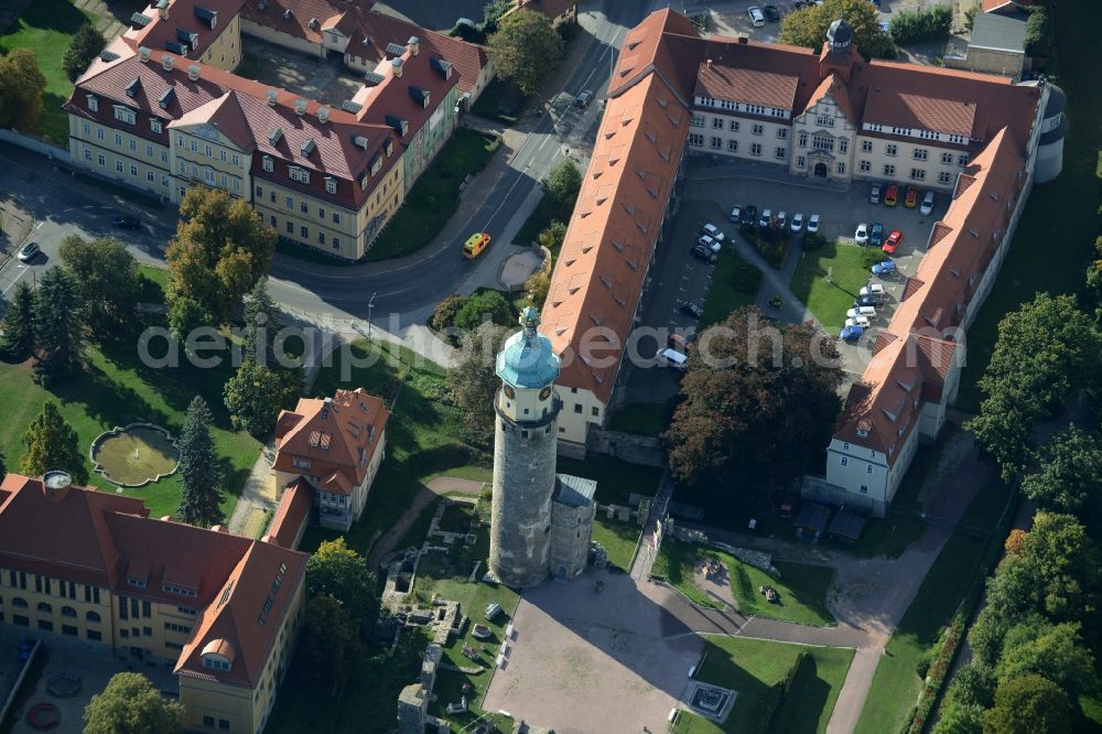 Aerial image Arnstadt - Tower and remains of the ruins of the palace grounds of the former castle Schlossruine Neideck in Arnstadt in the state Thuringia