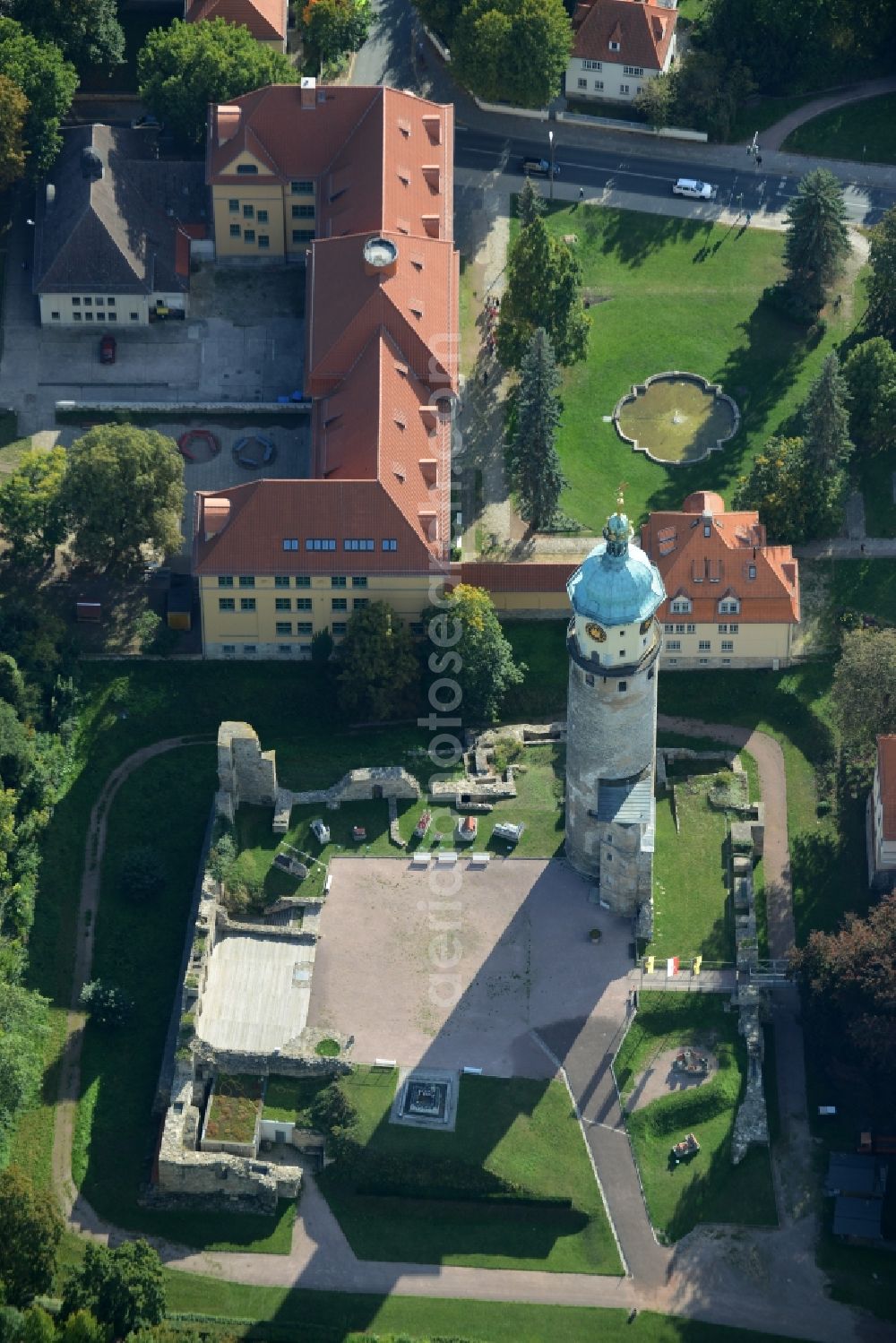 Arnstadt from above - Tower and remains of the ruins of the palace grounds of the former castle Schlossruine Neideck in Arnstadt in the state Thuringia