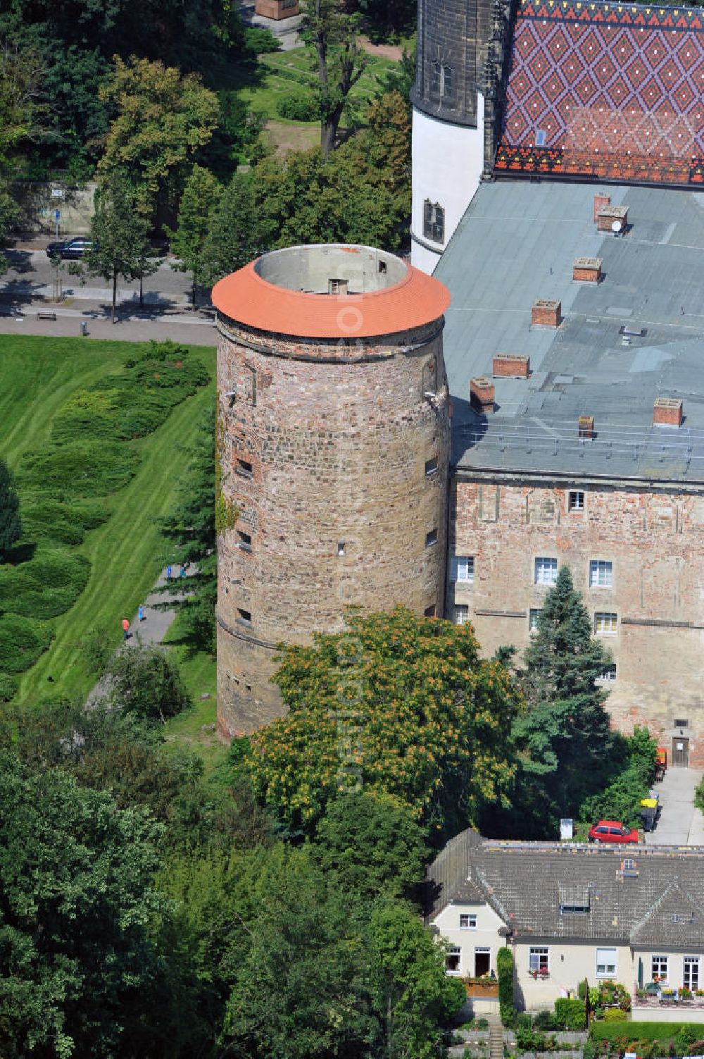 Wittenberg from above - View of the tower on the southern wing of the castle of Wittenberg with the church. At the church, Martin Luther spread his disputation in 1517 and caused the Reformation. The castle is part of UNESCO's world cultural heritage