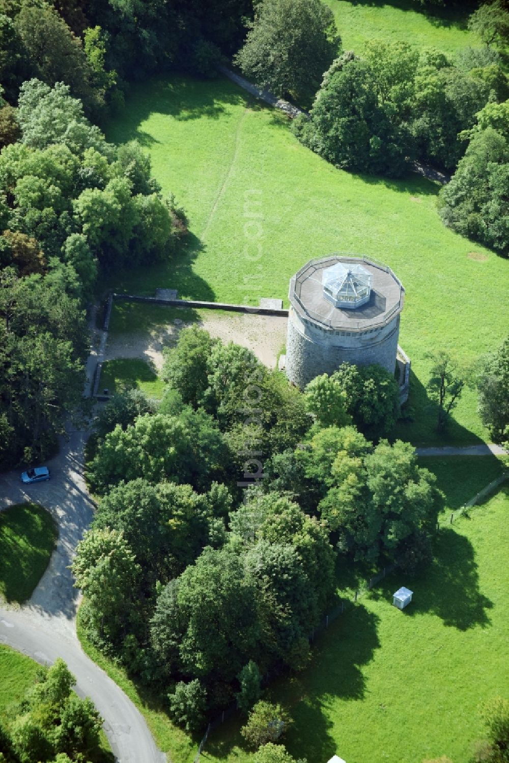 Aerial image Bad Kissingen - Tower building of the Bismarck tower - observation tower in Bad Kissingen in the state Bavaria, Germany