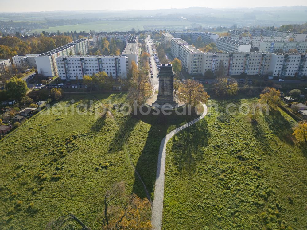 Aerial image Dresden - Tower building of the Bismarck tower - observation tower with Plattenbau- Wohngebieten in background on street Moreauweg in the district Zschertnitz in Dresden in the state Saxony, Germany