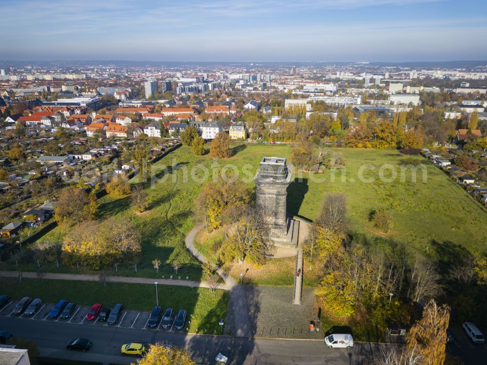 Dresden from above - Tower building of the Bismarck tower - observation tower with Plattenbau- Wohngebieten in background on street Moreauweg in the district Zschertnitz in Dresden in the state Saxony, Germany