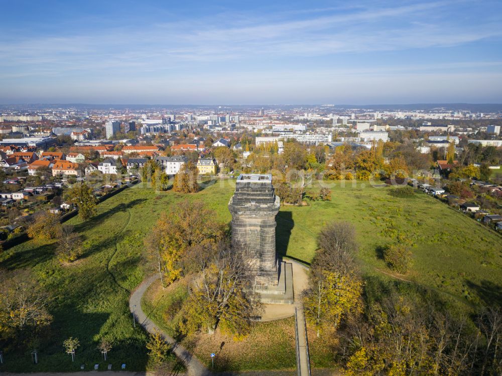 Dresden from the bird's eye view: Tower building of the Bismarck tower - observation tower with Plattenbau- Wohngebieten in background on street Moreauweg in the district Zschertnitz in Dresden in the state Saxony, Germany