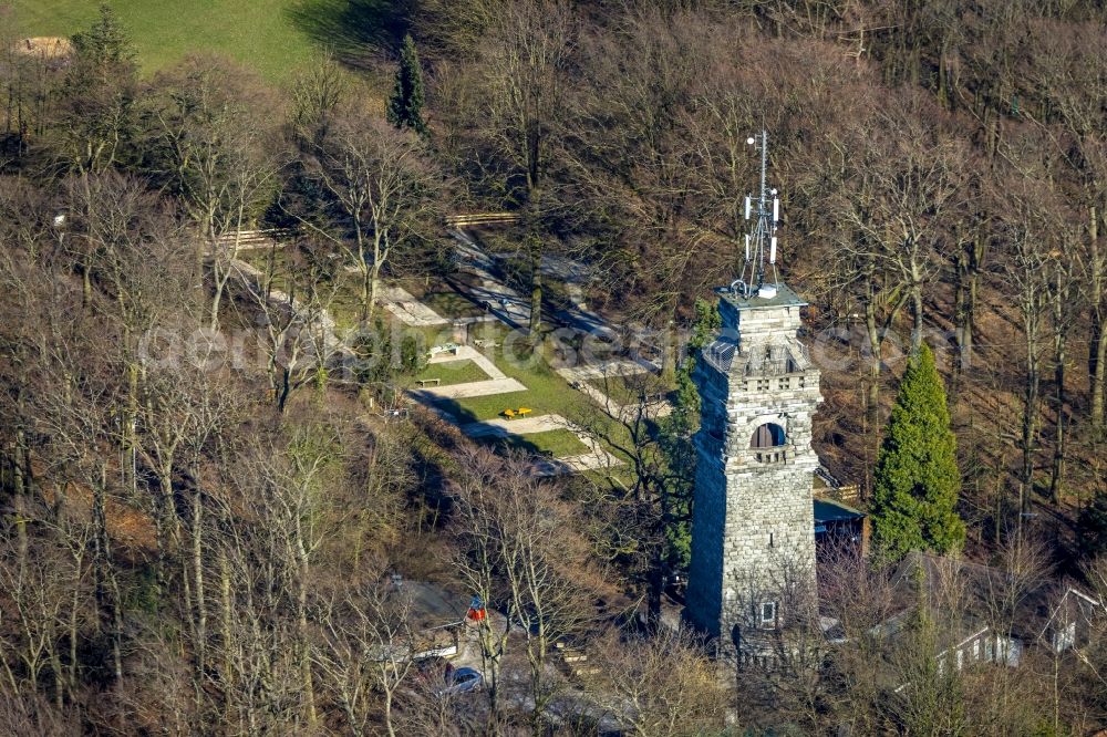 Velbert from above - Tower building of the Bismarck tower - observation tower in the district Langenberg in Velbert in the state North Rhine-Westphalia, Germany