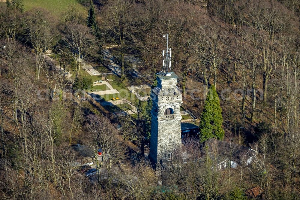 Velbert from the bird's eye view: Tower building of the Bismarck tower - observation tower in the district Langenberg in Velbert in the state North Rhine-Westphalia, Germany