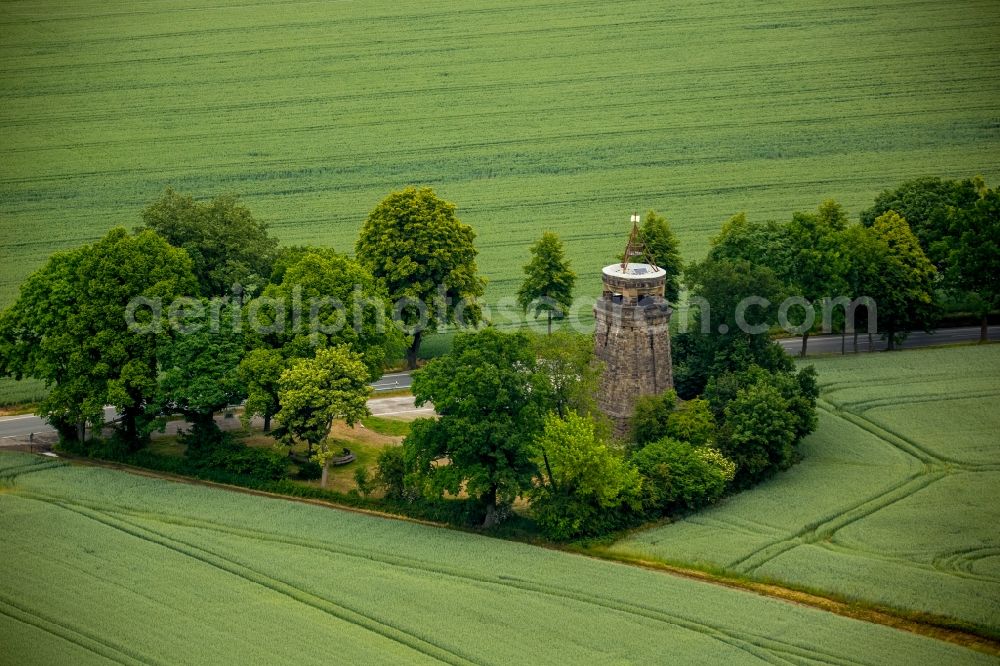 Aerial image Unna - Tower building of the Bismarck tower - observation tower in Unna in the state North Rhine-Westphalia