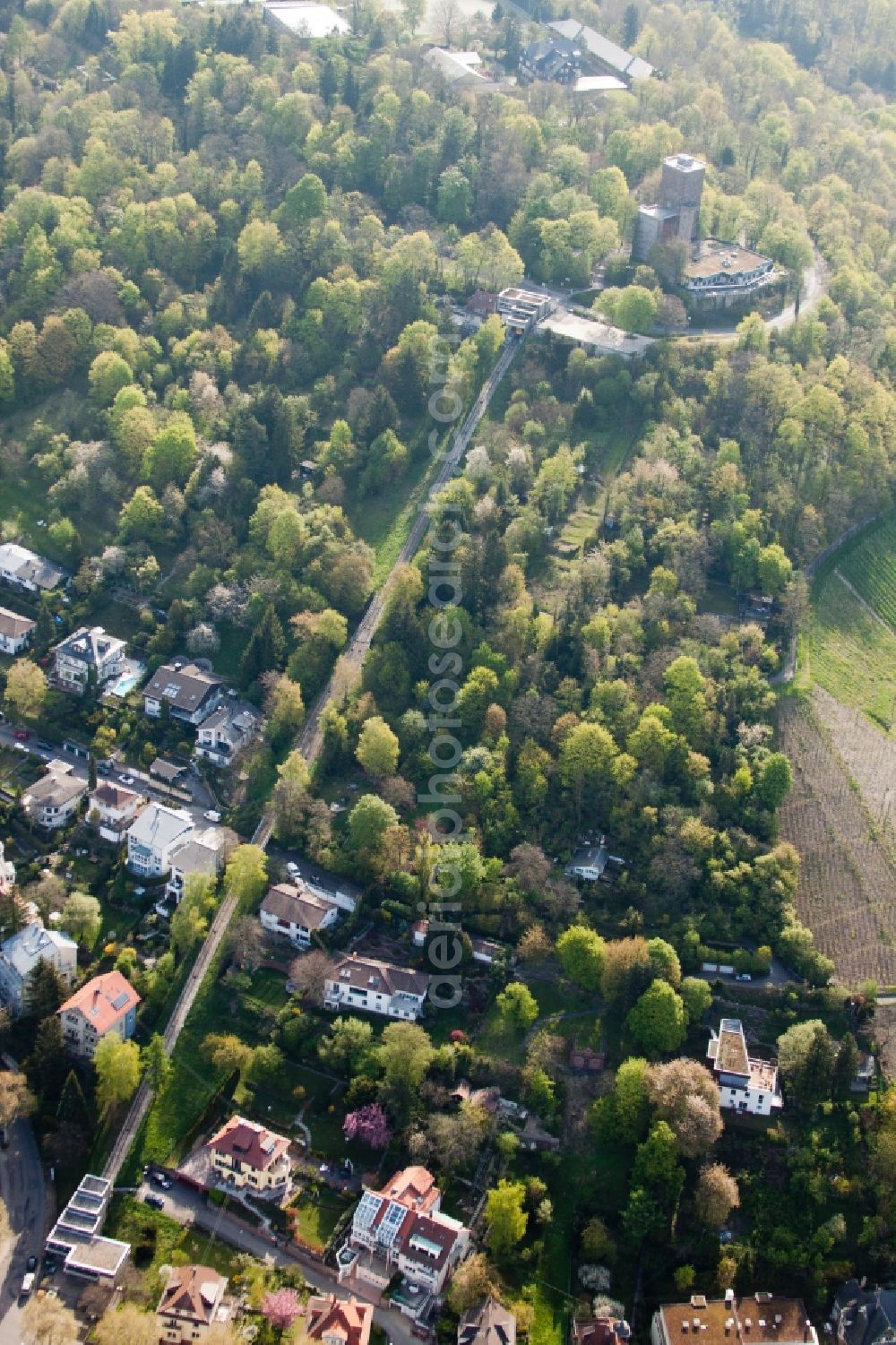 Karlsruhe from the bird's eye view: Municipal Transport Turmbergbahn of the KVV in the district Durlach in Karlsruhe in the state Baden-Wuerttemberg