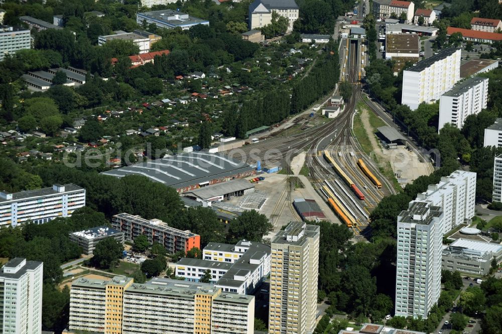 Aerial photograph Berlin - Operating workshop Friedrichsfelde for metro trains of the BVG in Berlin - Lichtenberg. The depot station near Franz Mett Strasse is used for minor maintenance and repair works on the subway trains