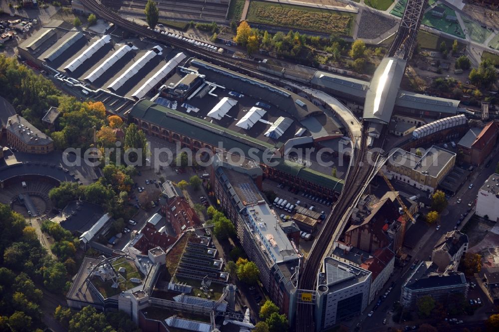 Berlin from above - View of aboveground metro station Gleisdreieck and the German Museum of Technology in Berlin - Kreuzberg. The area surrounding the railway station was developed into a city park. The German Museum of Technology at Trebbiner Strasse is a popular location for exhibitions about the cultural history of transport engineering, communications, manufacturing and energy engineering