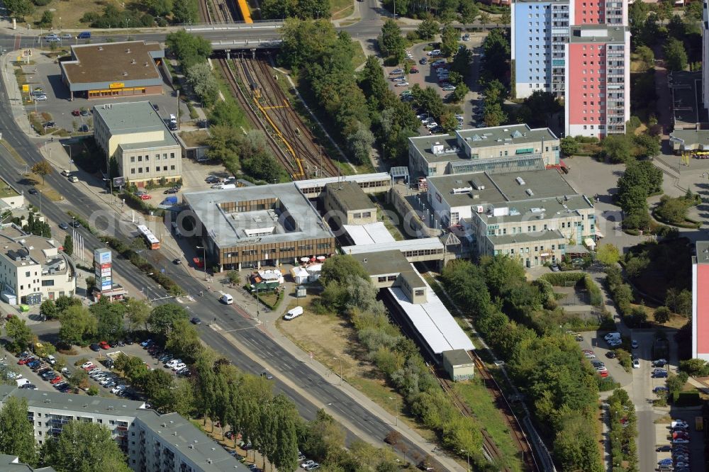 Berlin from above - U-Bahn-Station Kaulsdorf North and post office Hellersdorfer Strasse in the Kaulsdorf part of the district of Marzahn-Hellersdorf in Berlin in Germany. The station is located opposite a shopping mall amidst a residential area