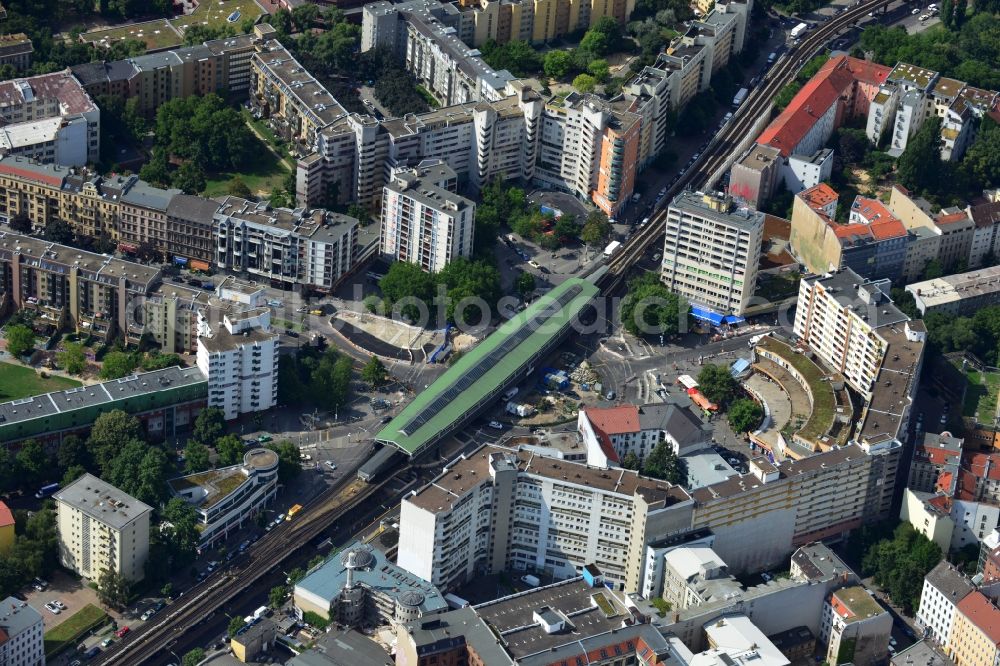 Berlin from above - The Underground train station Kottnusser Tor is surrounded by the library Adalbertstreet and the Kreuzberg Merkezi, the centre of the district