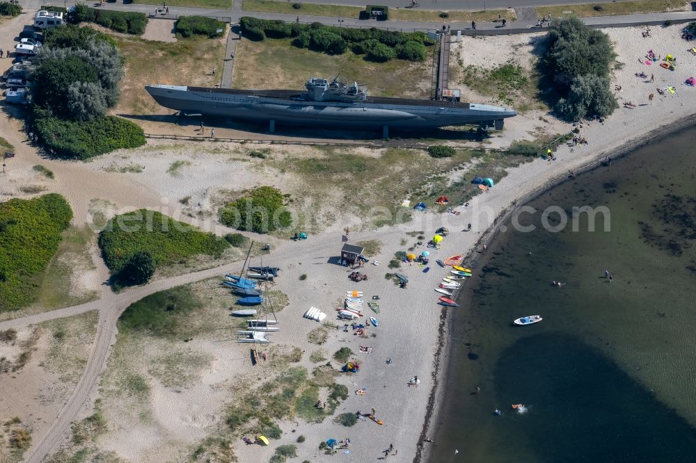Laboe from above - U-boat of the Technisches Museum U 995 on Strandstrasse in Laboe on the Kiel Fjord in the state Schleswig-Holstein, Germany