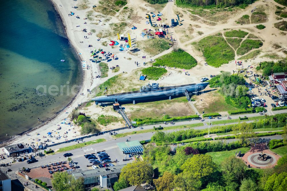 Aerial image Laboe - U-boat of the Technisches Museum U 995 on Strandstrasse in Laboe on the Kiel Fjord in the state Schleswig-Holstein, Germany