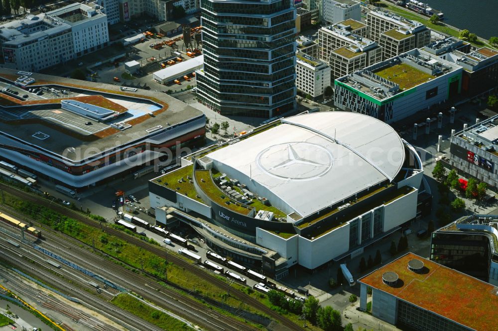 Berlin from the bird's eye view: Event hall Uber Arena at Uber Platz in the Friedrichshain district of Berlin. The former o2 World or Mercedes-Benz Arena is located in the Anschutz area of the Anschutz Entertainment Group (AEG)