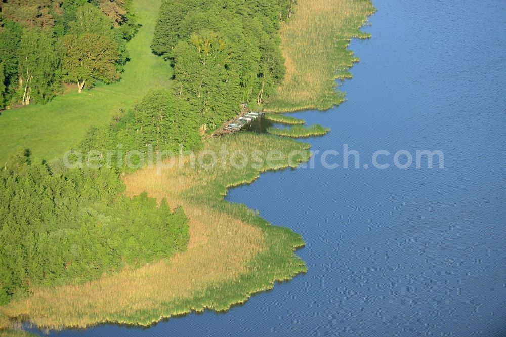 Aerial image Löwenberger Land - Shores of Dreetzsee lake in the borough of Loewenberger Land in the state of Brandenburg. The lake is surrounded by trees and forest, the next village is the Grueneberg part of the borough. A small boat dock is located on its shore