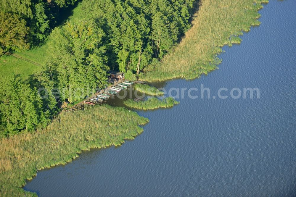 Löwenberger Land from the bird's eye view: Shores of Dreetzsee lake in the borough of Loewenberger Land in the state of Brandenburg. The lake is surrounded by trees and forest, the next village is the Grueneberg part of the borough. A small boat dock is located on its shore