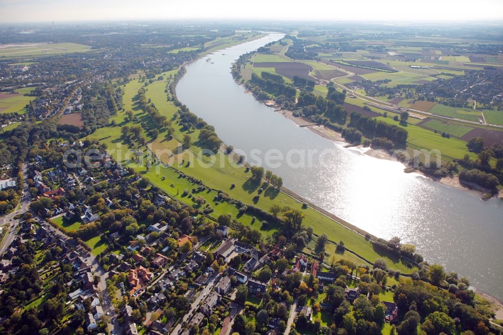 Düsseldorf from above - View of the shore of the river Rhine in Duesseldorf in the state North Rhine-Westphalia