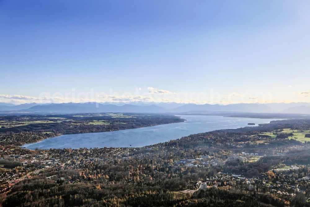 Aerial image Starnberger See - Shore Of Lake Starnberg in front of the panorama of the Alps in Bavaria