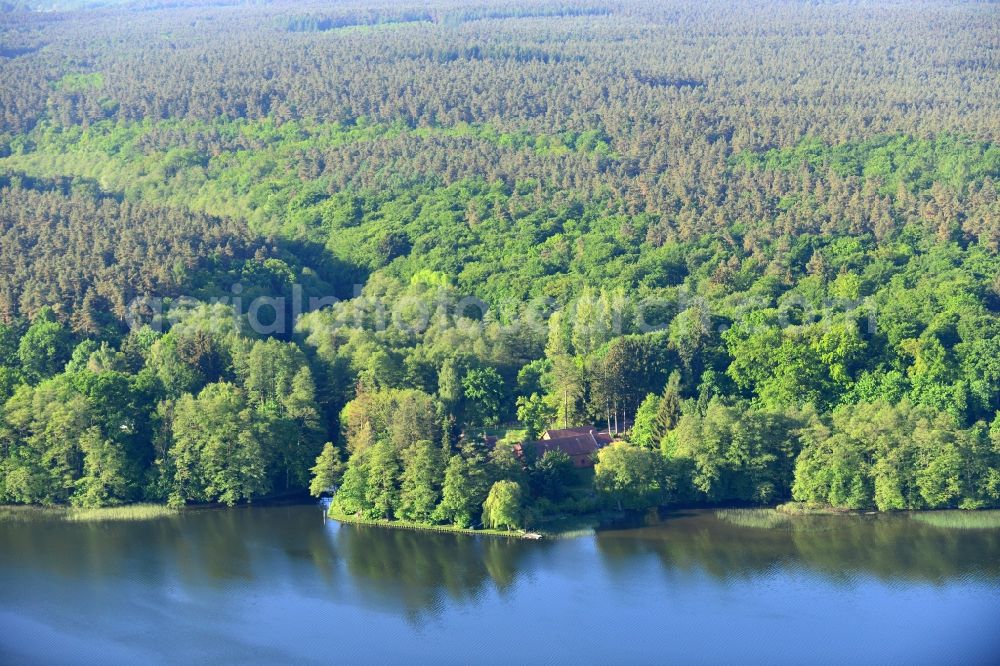 Aerial image Neuruppin - Shores of Tornowsee lake in region of the town of Neuruppin in the state of Brandenburg. The lake is surrounded by trees and forest, the lakeside consists of small peninsulas. It is located in the North of the core of Neuruppin, next to Zermuetzelsee lake