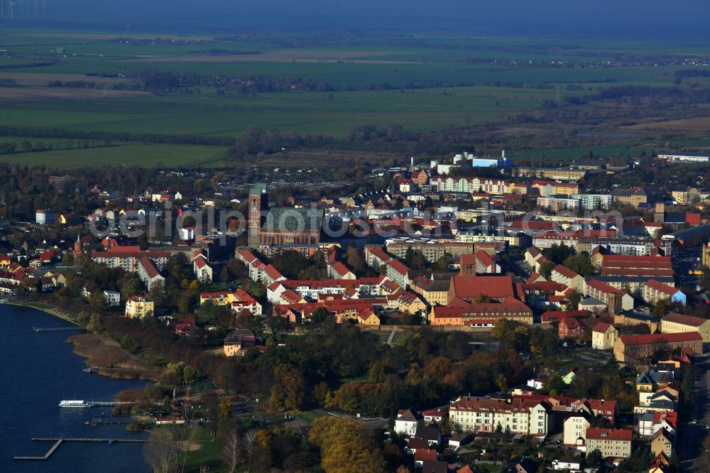 Prenzlau from above - View of the bank of the lake Unteruckersee in Prenzlau in the state Brandenburg