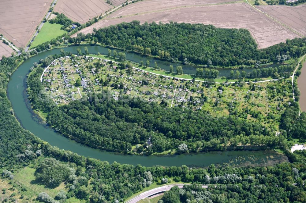 Groß Rosenburg from above - Curved loop of the riparian zones on the course of the river Alte Saale in Gross Rosenburg in the state Saxony-Anhalt, Germany